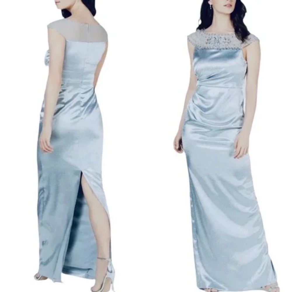 Adrianna Papell Pleated Sating Gown Icy Mint Beaded  Neckline